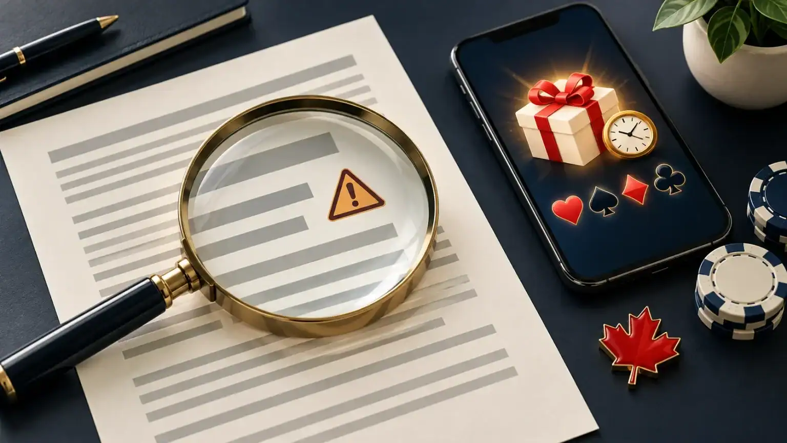 Magnifying glass highlighting a caution symbol on illustrated bonus terms, beside a smartphone, poker chips, and a red maple leaf.
