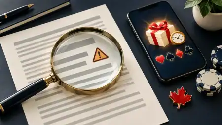 Magnifying glass highlighting a caution symbol on illustrated bonus terms, beside a smartphone, poker chips, and a red maple leaf.