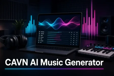 Cavn AI Music Generator Review For Trailers AI music studio with waveforms and a keyboard illustrating the CAVN AI music generator.