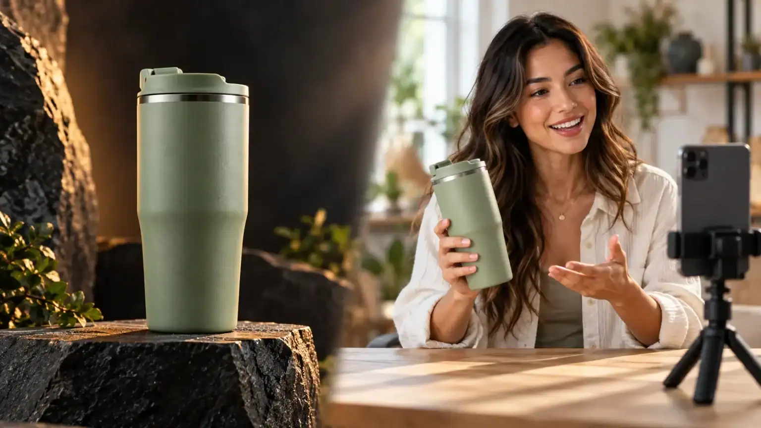 Cinematic shot of a green tumbler beside a creator presenting the same product to a smartphone camera in natural light.