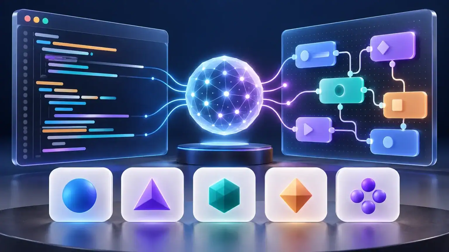 Code editor and visual no-code workflow connected to an AI network, with five tool tiles in the foreground.