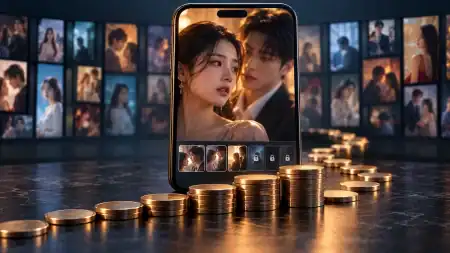 Smartphone showing a short drama with locked episodes, surrounded by growing stacks of coins and drama thumbnails.