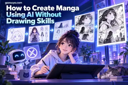 A digital artist uses a drawing tablet while a small robot points to a series of AI-generated manga panels, with the text “How to Create Manga Using AI Without Drawing Skills” overlaid above.