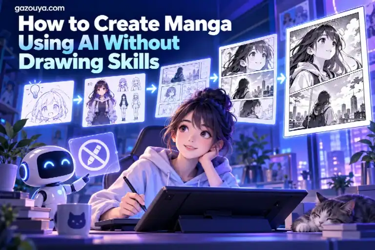 Create Manga With AI: A Guide For Non-Artists A digital artist uses a drawing tablet while a small robot points to a series of AI-generated manga panels, with the text “How to Create Manga Using AI Without Drawing Skills” overlaid above.