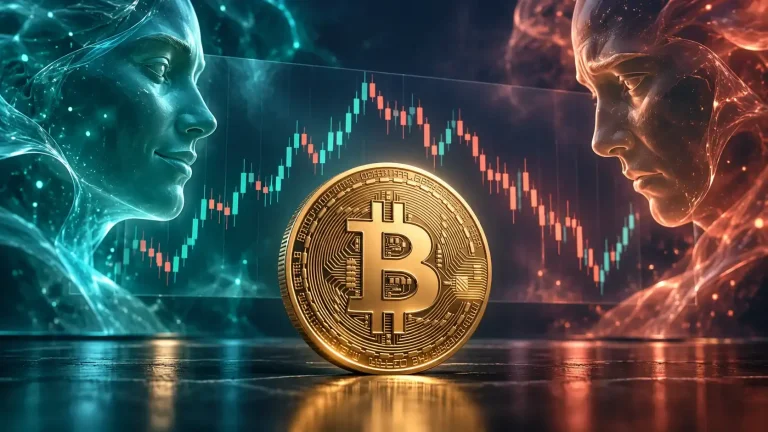 Gold Bitcoin coin before a candlestick chart, framed by teal and coral glass faces expressing optimism and concern.