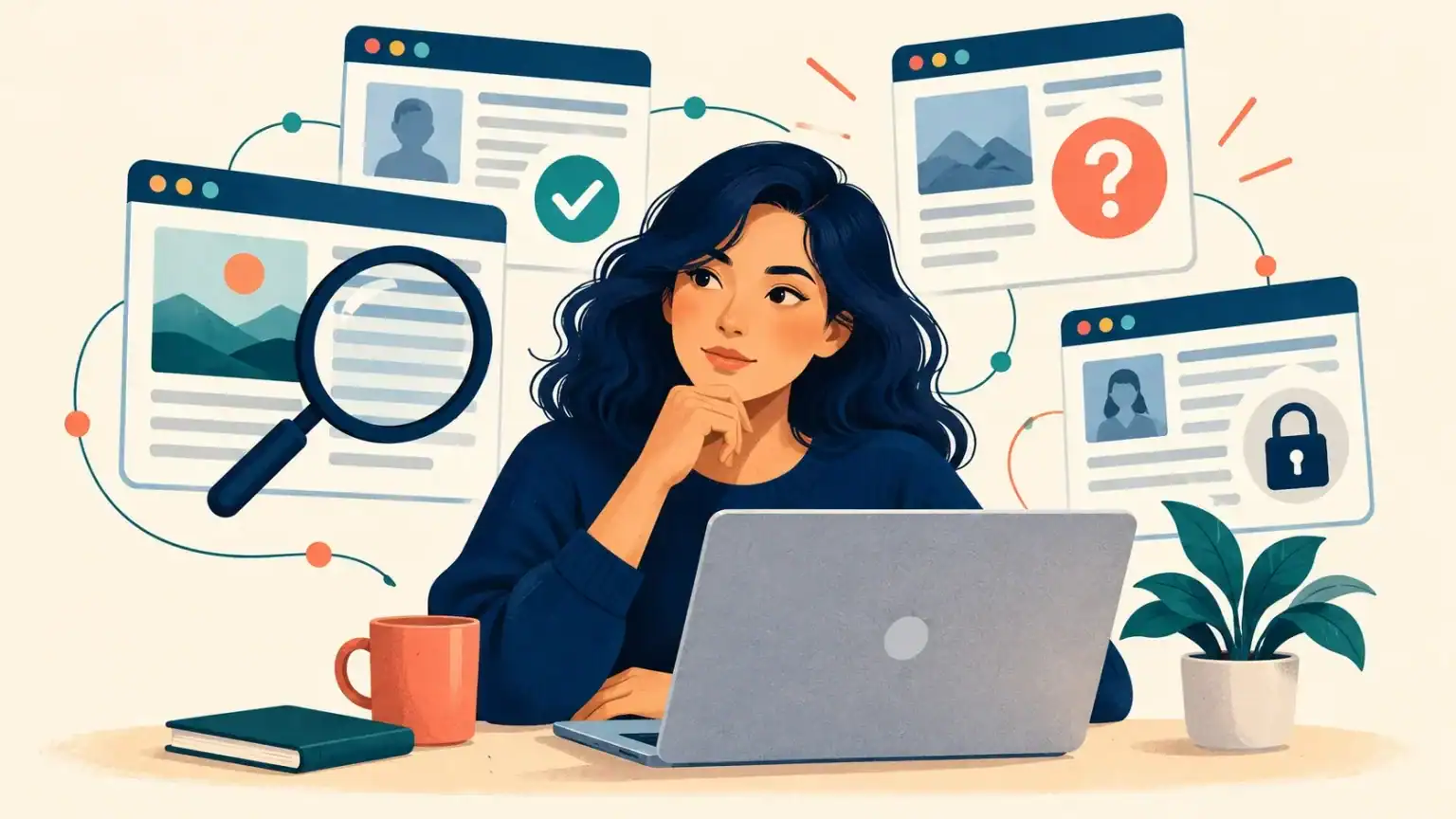 Why Digital Literacy Matters More Than Ever In 2026 Person using a laptop surrounded by browser windows, a magnifying glass, and symbols for verification and privacy.