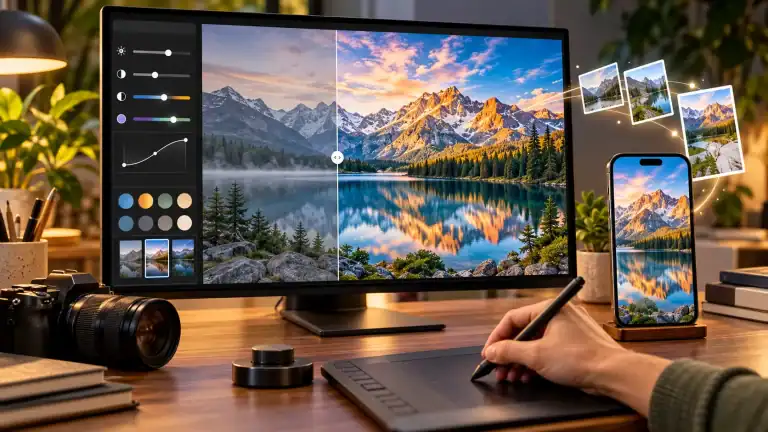 How Digital Photo Editing Is Changing The Way We Create And Share Images Digital photo editing workspace showing a landscape before and after enhancement, with the finished image displayed on a smartphone.