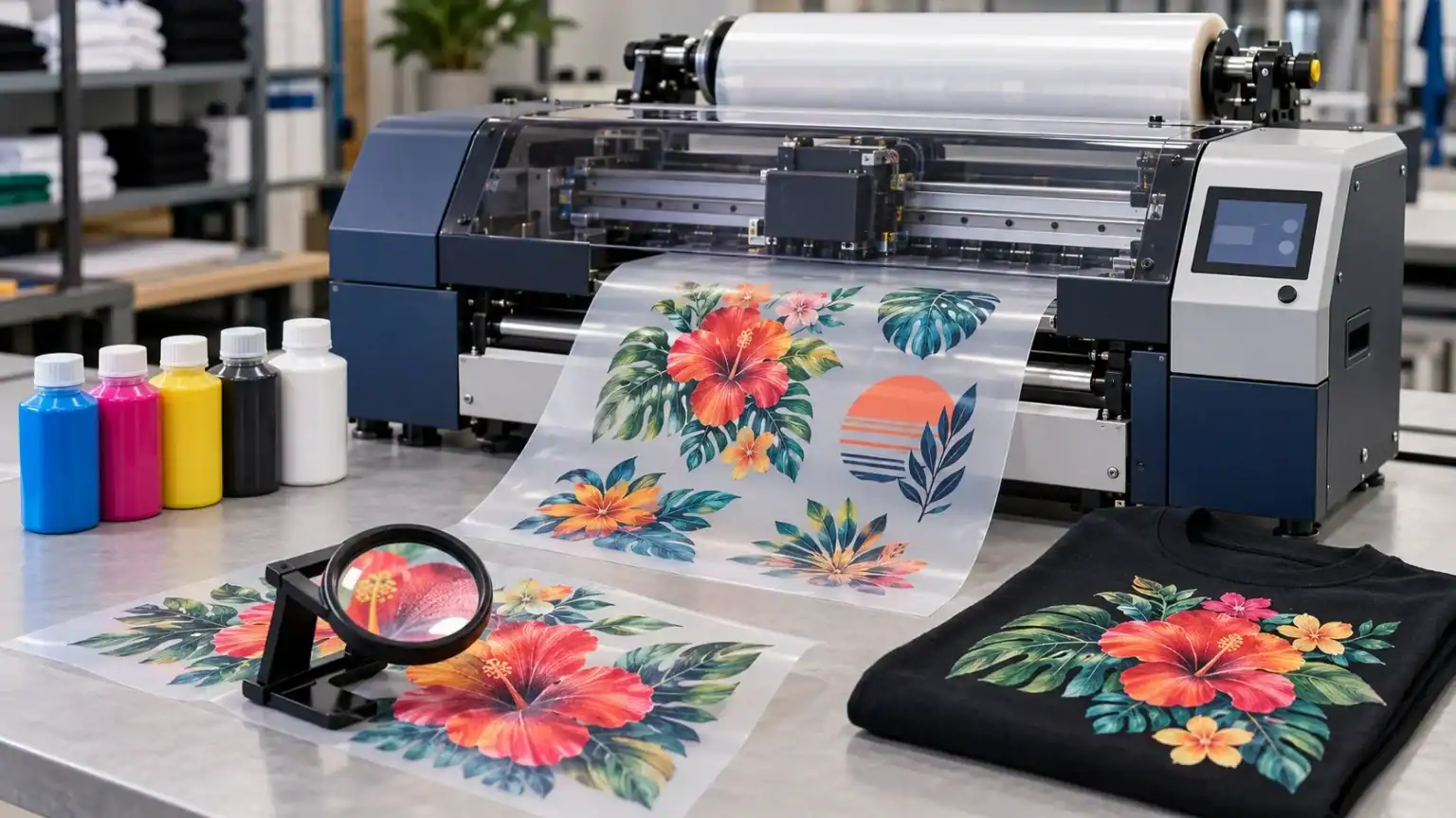 DTF printer producing colorful designs on translucent transfer film, beside ink bottles, a magnifying loupe and a printed T-shirt.