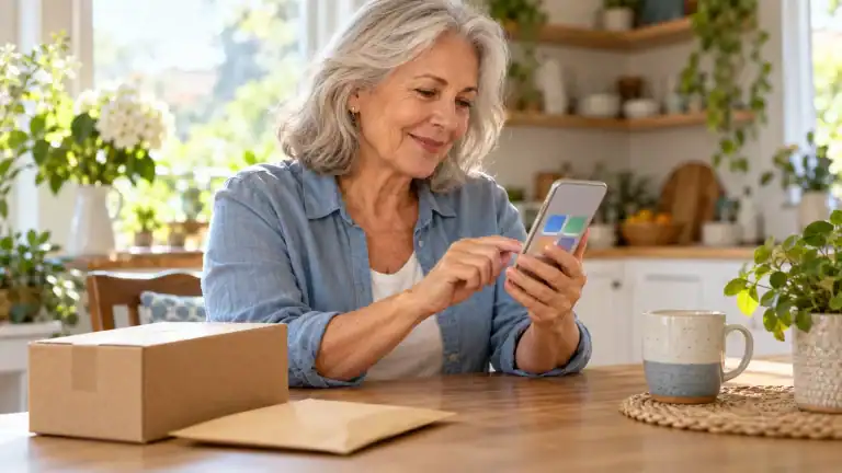 Earn Money From Your Phone After Retirement Older woman using a smartphone at her kitchen table beside a parcel, envelope, and coffee mug.