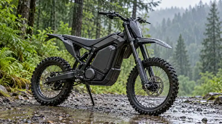 Black electric dirt bike parked on a wet forest trail in the rain, with water droplets on its frame and tires.