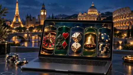 5 European Online Casinos Bringing A New Approach To Digital Gaming Laptop displaying five casino game symbols beside poker chips, with illuminated European landmarks in the background.