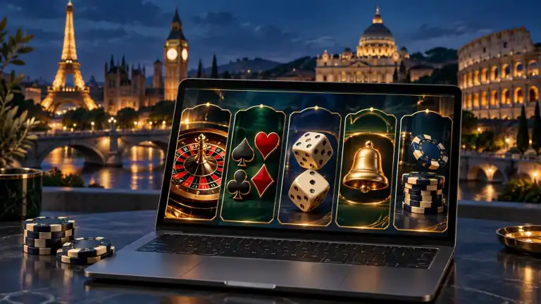 5 European Online Casinos Bringing A New Approach To Digital Gaming Laptop displaying five casino game symbols beside poker chips, with illuminated European landmarks in the background.