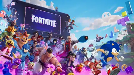 A diverse group of video game characters, including Sonic the Hedgehog, Ryu, and Crash Bandicoot, gather in front of a giant Fortnite logo screen.
