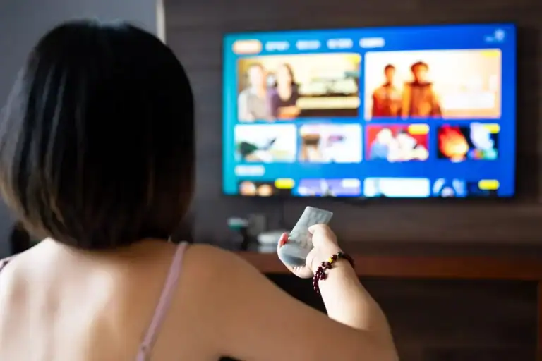 A person seen from behind holding a remote control while facing a television screen displaying a streaming service menu.
