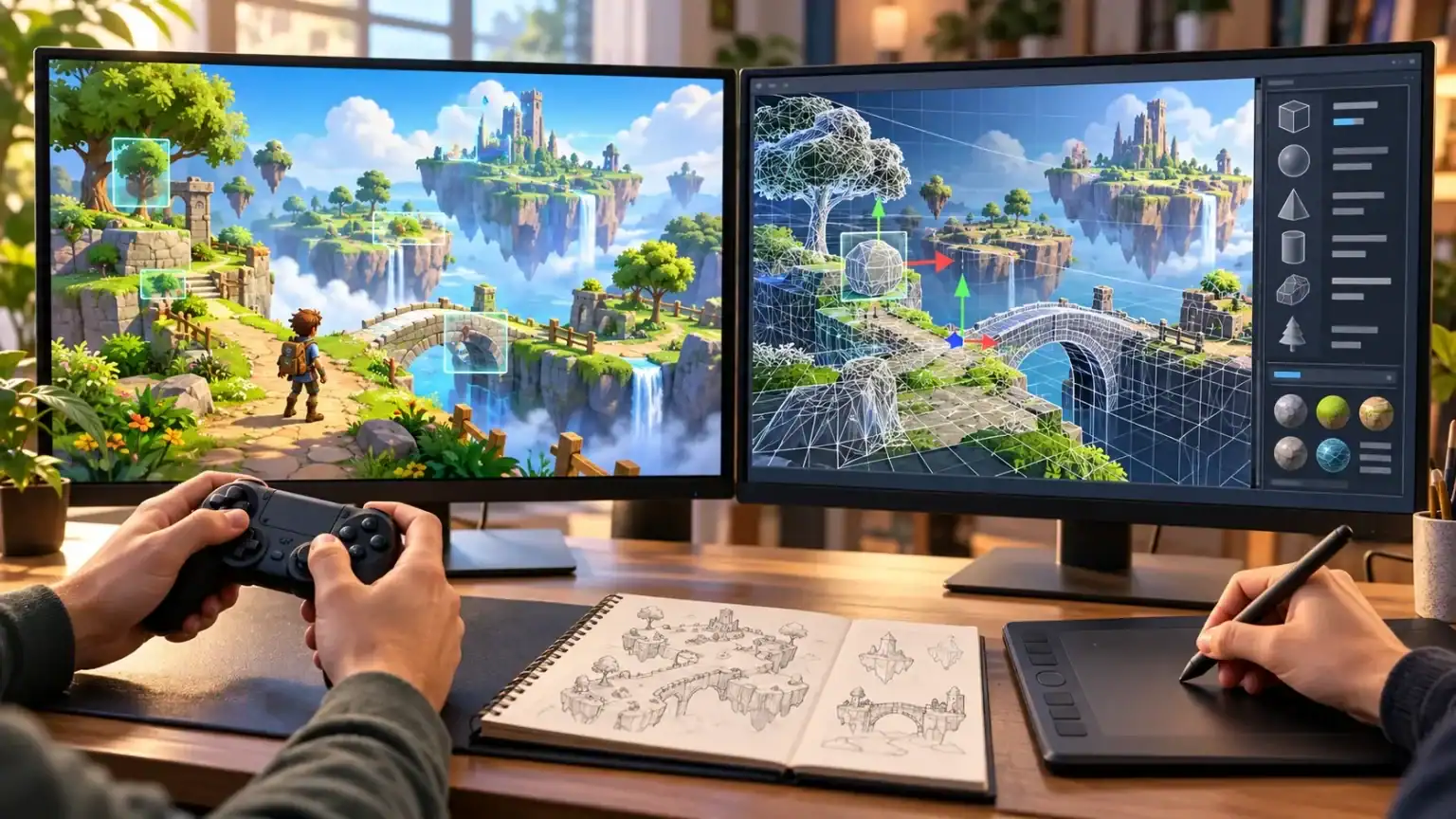 Game tester using a controller beside a designer editing the same game world, with level sketches and a drawing tablet on the desk.