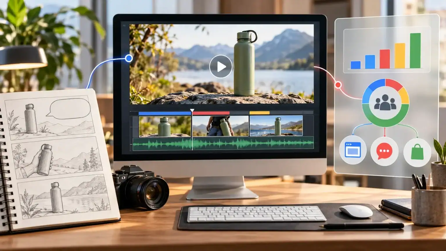 Planning A Google Ads Video Campaign From First Message To Meaningful Results Video campaign storyboard beside a monitor showing a product video, with audience analytics and website, contact and shopping icons.