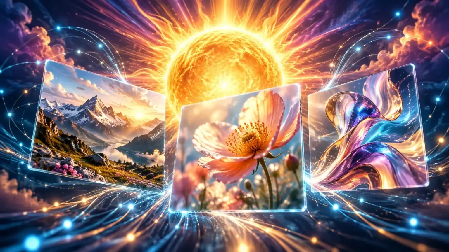 Radiant golden sunburst behind floating images of mountains, a flower, and an iridescent sculpture, connected by glowing light trails.