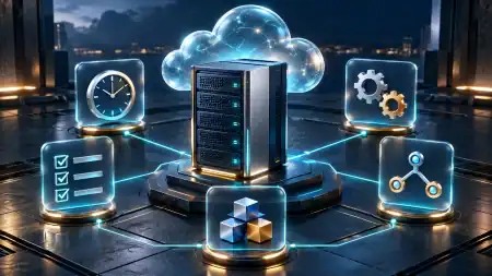 Cloud-connected server surrounded by icons for scheduling, automated workflows, task completion, connected systems, and modular capacity.