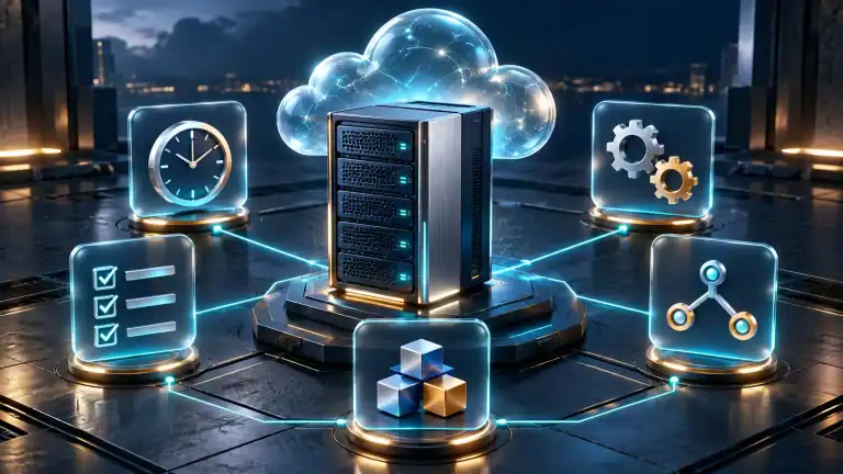 5 Key Benefits of Using A Hermes Agent VPS For Task Automation Cloud-connected server surrounded by icons for scheduling, automated workflows, task completion, connected systems, and modular capacity.