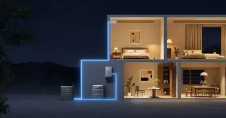 Cutaway of a modern home at night, with a glowing blue line connecting an outdoor heat pump to indoor heating equipment.