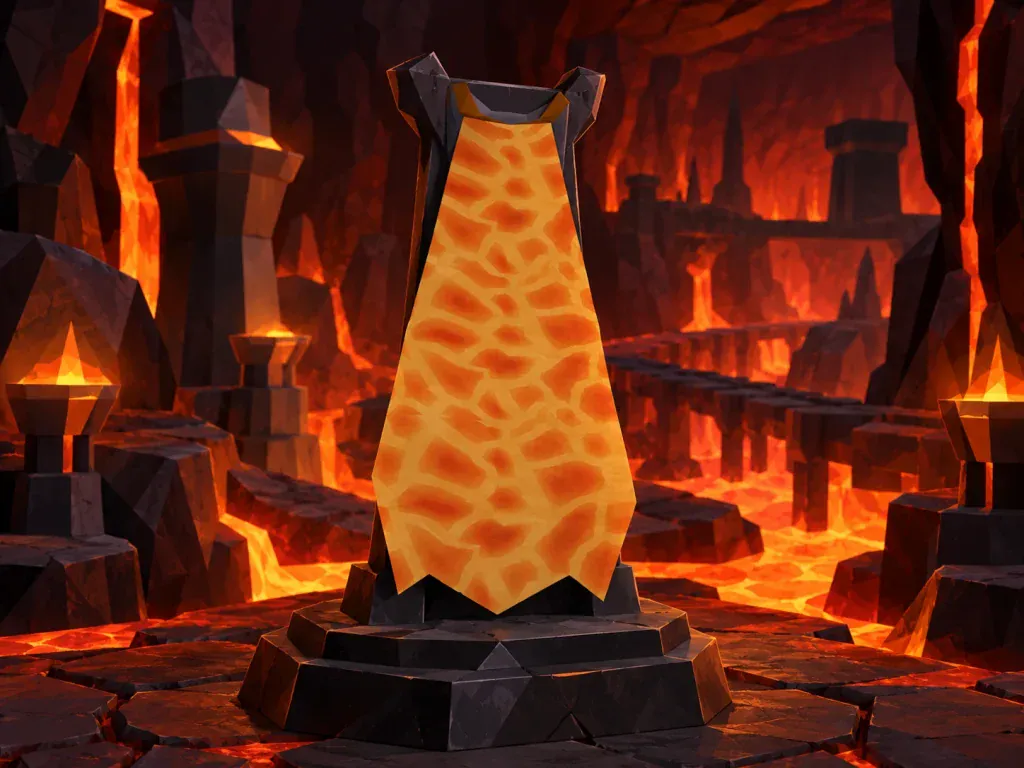 A cape with a glowing lava pattern displayed on a stone pedestal inside a volcanic cavern.