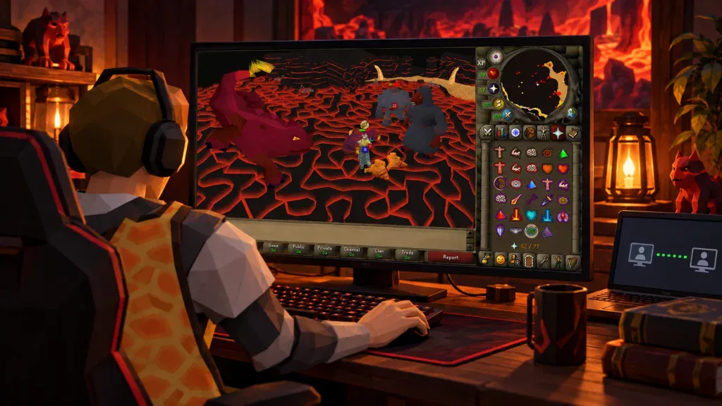 A person playing the video game Old School RuneScape on a computer monitor.