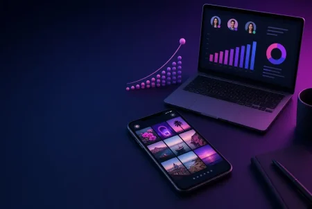 A laptop displaying analytics charts and a smartphone showing a photo gallery on a dark desk with purple lighting.