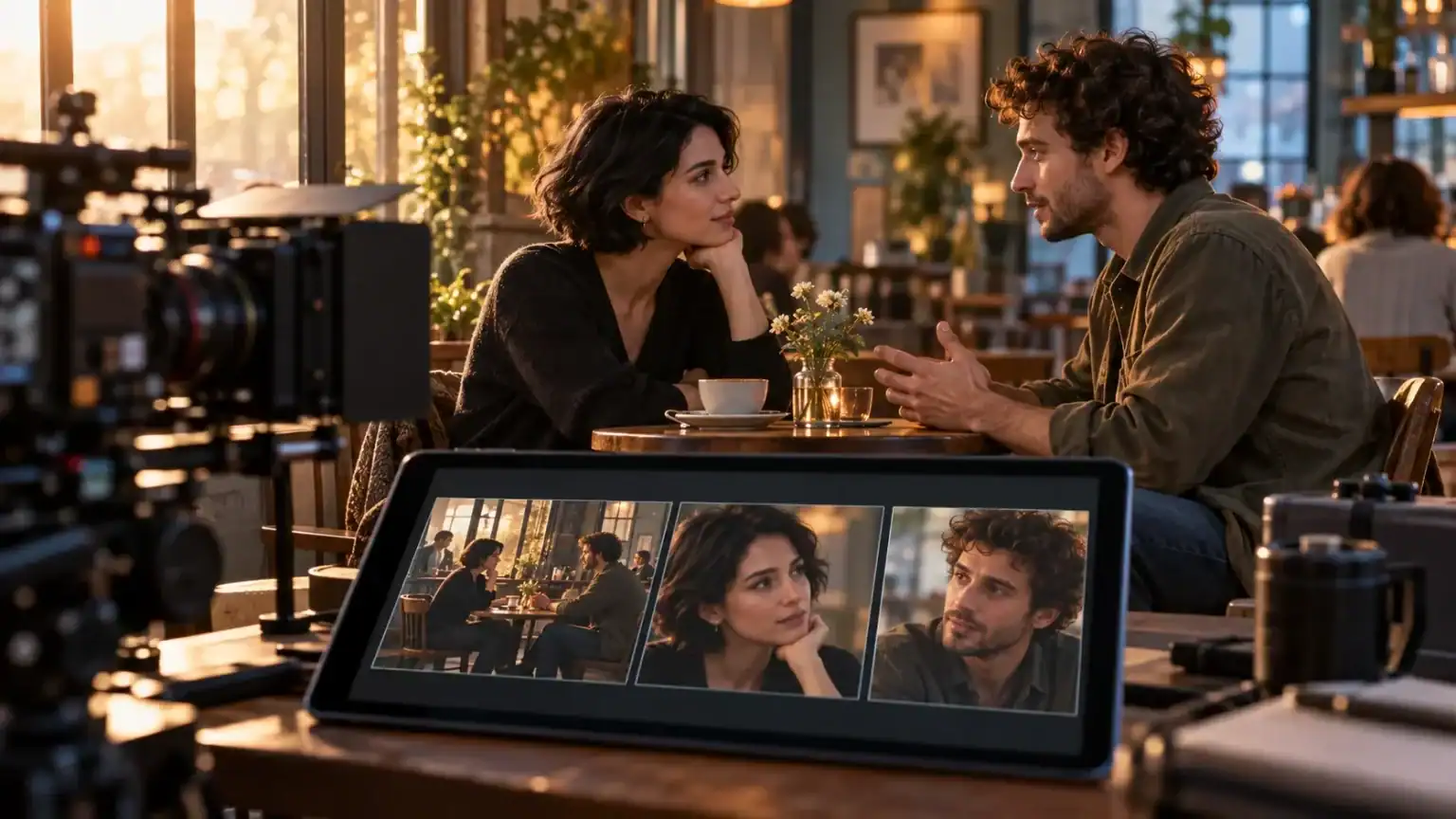 Two actors conversing across a café table, with a cinema camera and tablet showing three storyboard shots in the foreground.