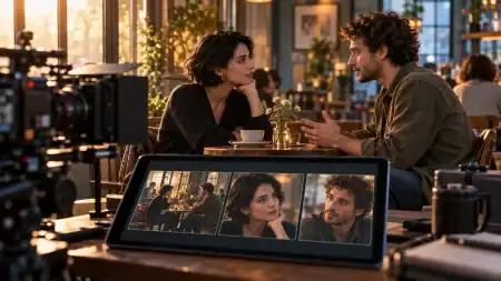 Two actors conversing across a café table, with a cinema camera and tablet showing three storyboard shots in the foreground.