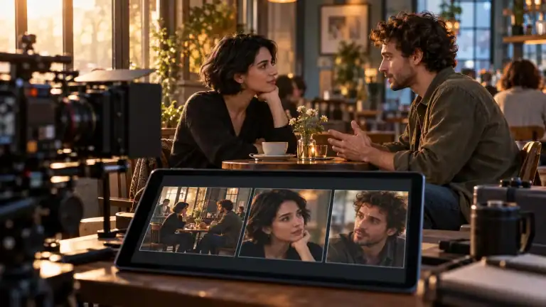 Two actors conversing across a café table, with a cinema camera and tablet showing three storyboard shots in the foreground.