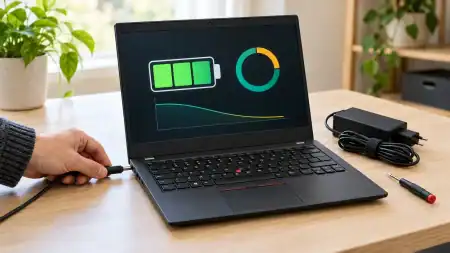 Lenovo Laptop Battery Checks Before Buying A Used Computer Hand connecting a charger to a black laptop displaying battery health graphics on a desk beside a power adapter.