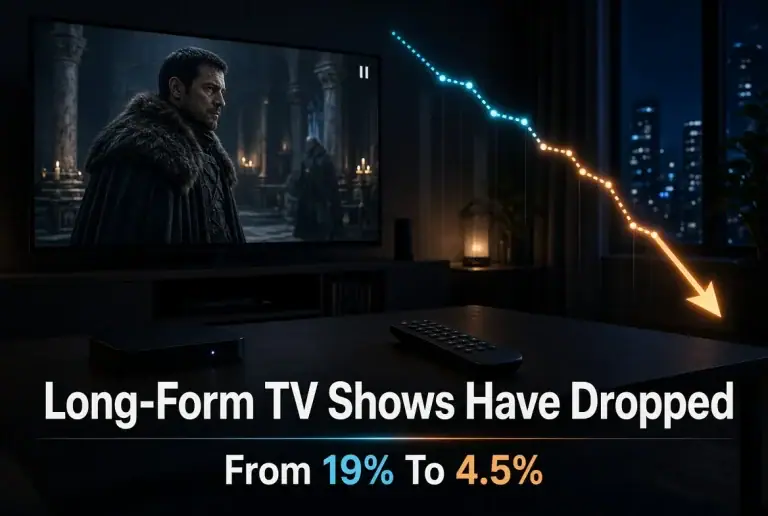 Long-Form TV Shows Have Dropped From 19% To 4.5% Television and a falling chart illustrating the drop in long-form TV viewing from 19 percent to 4.5 percen