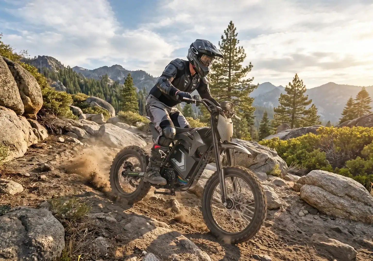 Low-Speed Control Matters More Than Peak Power on Tight Trails Rider in protective gear navigating an electric dirt bike along a rocky mountain trail surrounded by pine trees.