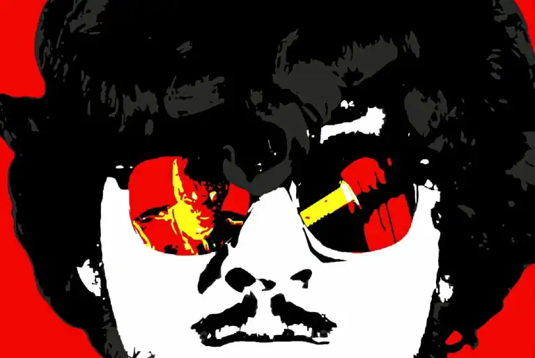 ‘Method (2026)’ – An Ambitious Project With Abundance of Tape A high-contrast, graphic illustration of a person with dark hair wearing sunglasses. The lenses reflect a stylized depiction of a figure and a blade against a bright red background.