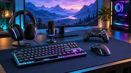 Gaming keyboard, mouse, headset, microphone, and controller arranged on a desk with blue and purple lighting.
