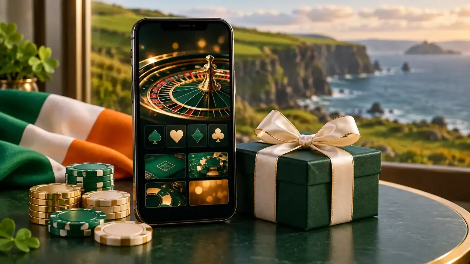 New Online Casino Ireland Bonus Offers Smartphone displaying casino imagery beside a gift box and casino chips, with an Irish flag and coastal cliffs in the background.