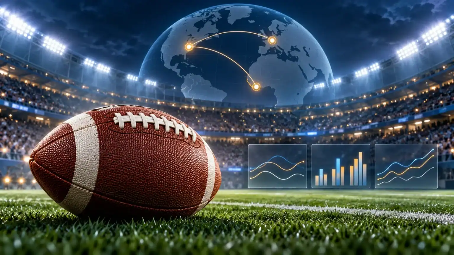 American football on stadium turf beneath an illuminated globe, with three abstract trend charts alongside it.