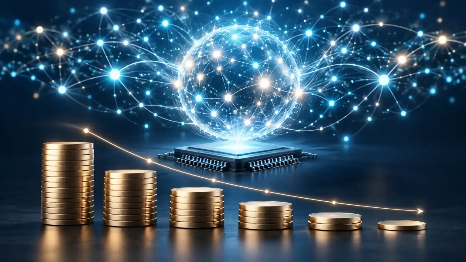Expanding AI network above a microchip, with descending coin stacks and a downward curve representing falling costs.