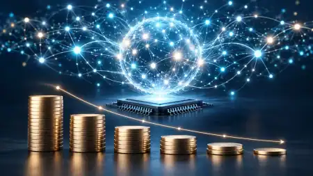 Expanding AI network above a microchip, with descending coin stacks and a downward curve representing falling costs.