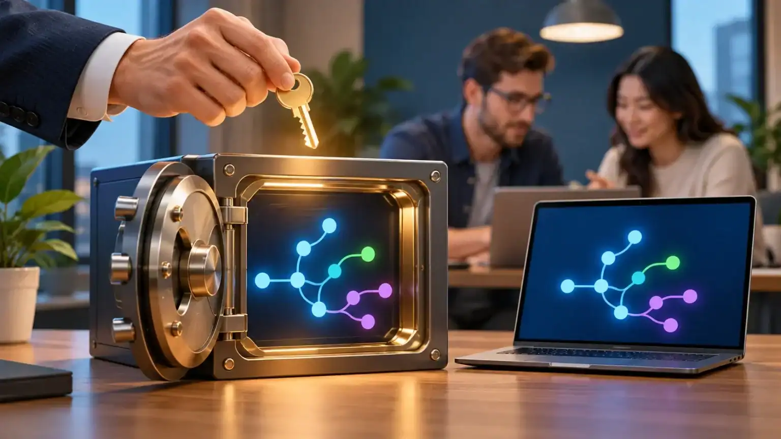 Business owner holds a key above a vault containing a source code repository, with web app developers in the background.