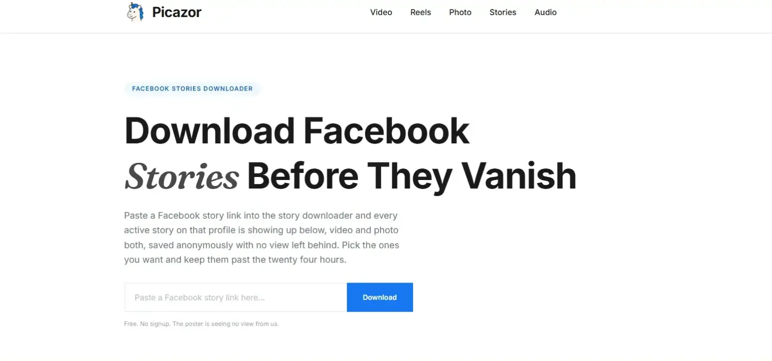 Picazor The Accurate Facebook Story Downloading Tool – Review Picazor Facebook Stories downloader web page with a link input field and download button.