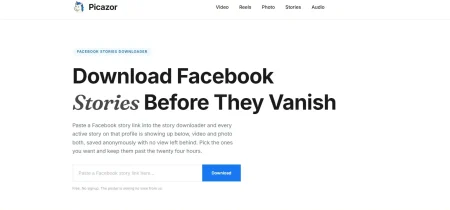 Picazor The Accurate Facebook Story Downloading Tool – Review Picazor Facebook Stories downloader web page with a link input field and download button.