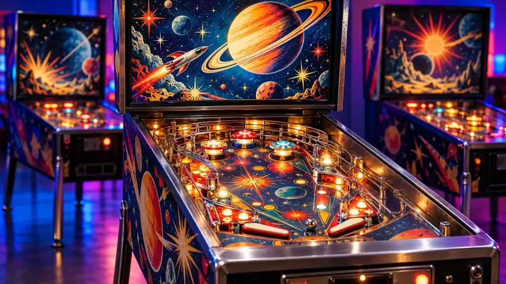 Pinball Machines For Sale: Choosing Modern or Vintage Illuminated space-themed pinball machine with colorful bumpers, metal ramps and flippers, with two more machines in the arcade background.
