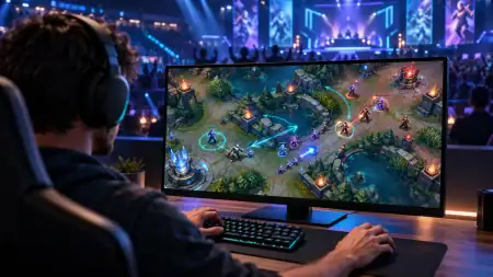 Gamer studying tactical movements on a monitor, with an illuminated esports stage and crowd in the background.