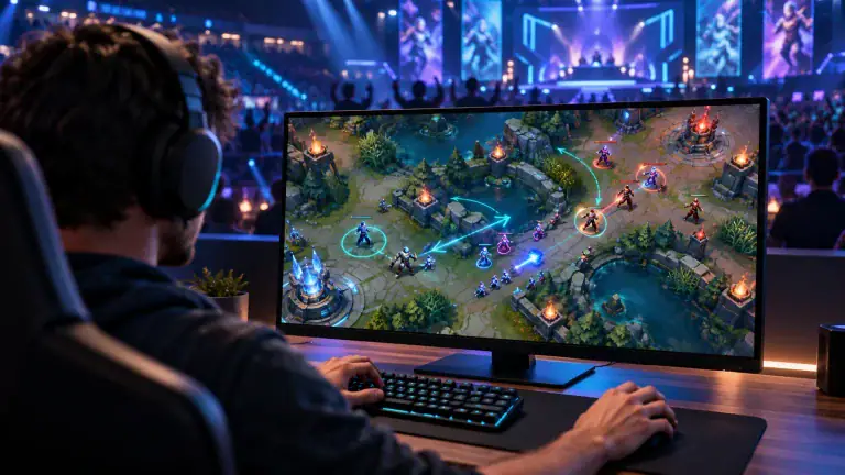 Why Playing A Game Changes The Way You Watch Esports Gamer studying tactical movements on a monitor, with an illuminated esports stage and crowd in the background.