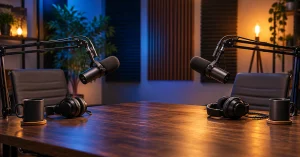 Two microphones and headphones on a desk in an empty podcast studio.