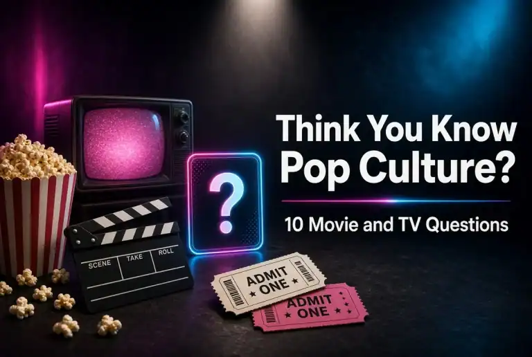 Think You Know Pop Culture? 10 Movie & TV Questions From The Bing Entertainment Quiz PPop culture quiz scene with a clapperboard, television, and question mark for movie and TV trivia