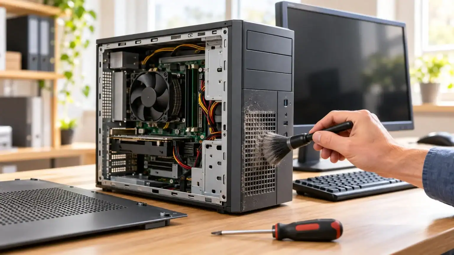 Technician brushes dust from an older office PC with its side panel removed, beside a monitor and keyboard.
