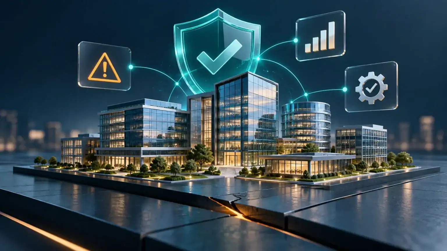 The Importance of Risk Management In Large Organizations Corporate office buildings beneath a protective shield, connected to warning, financial, and operational control icons.