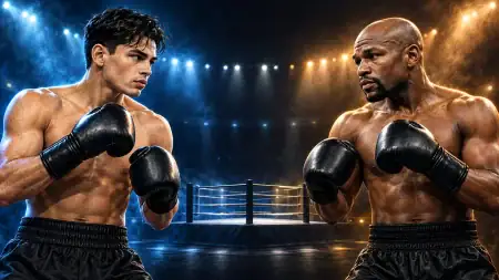 Ryan Garcia vs Floyd Mayweather – Can It Happen? Conceptual illustration of Ryan Garcia and Floyd Mayweather facing each other in boxing gloves, with a ring between them.